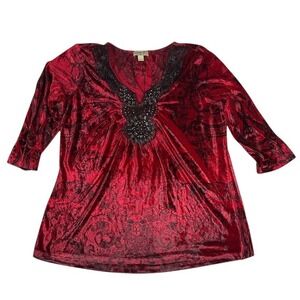 One World Women Red Black Velvet Rhinestone Lace V-Neck Tunic Top XL RN119794